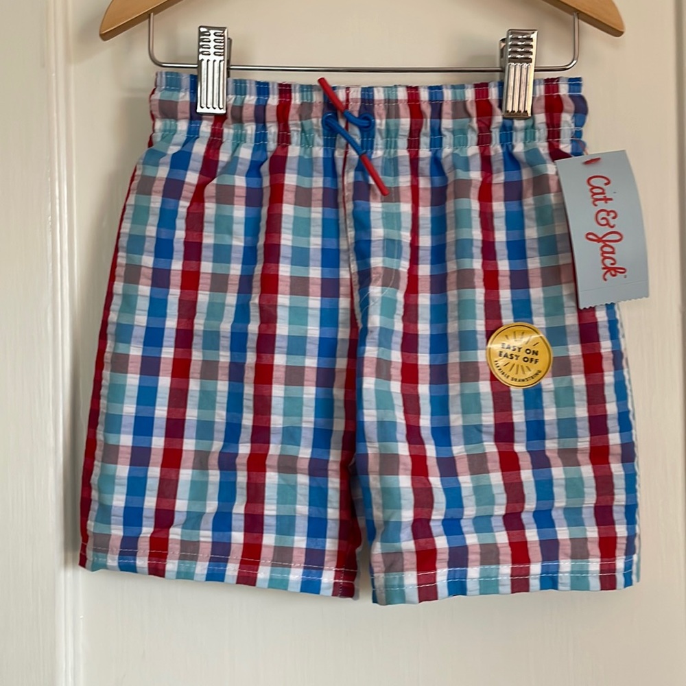 NWT boys swim trunks patriotic red white blue plaid size 5T